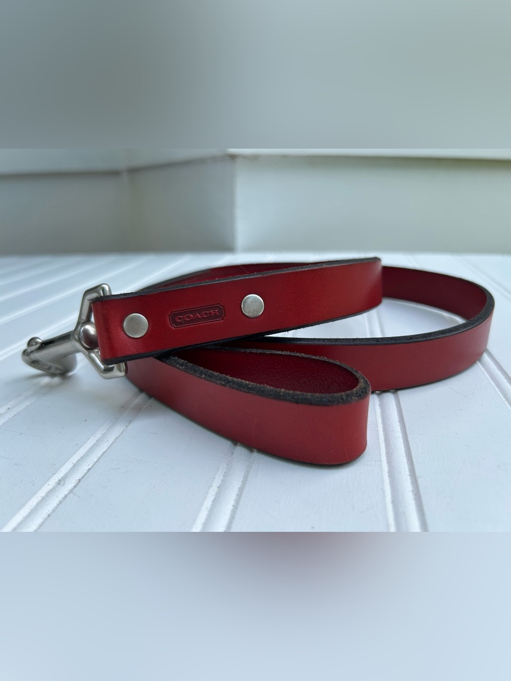 Coach Red Leather Dog Leash Silver Hardware NWOT - Picture 2 of 8